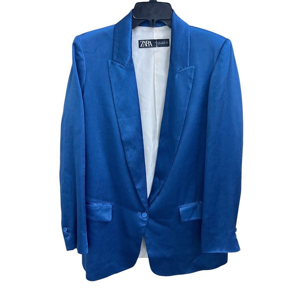 Zara Royal Blue Satin Blogger's Fave Blazer Jacket Women's Sz S Oversized